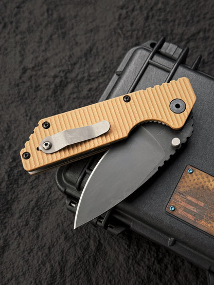 Rare Old School STRIDER KNIVES AR Black Blade S30V Folder – Desert Tan G10 – BOS Flame Mark