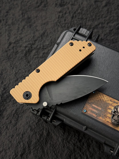 Rare Old School STRIDER KNIVES AR Black Blade S30V Folder – Desert Tan G10 – BOS Flame Mark
