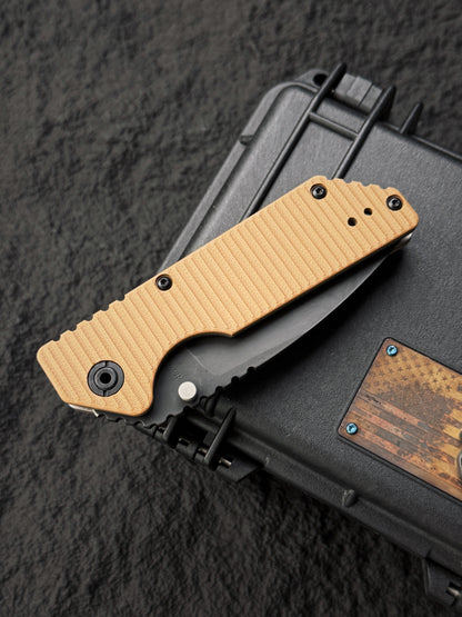 Rare Old School STRIDER KNIVES AR Black Blade S30V Folder – Desert Tan G10 – BOS Flame Mark