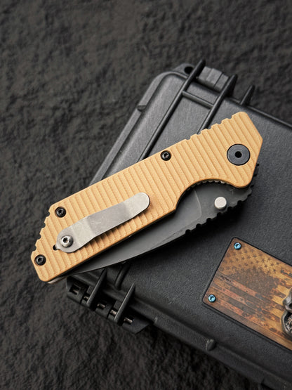 Rare Old School STRIDER KNIVES AR Black Blade S30V Folder – Desert Tan G10 – BOS Flame Mark
