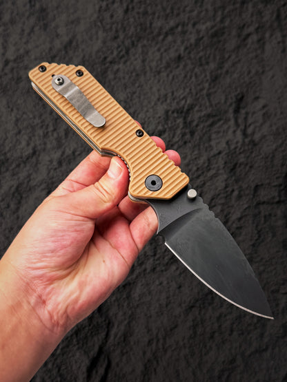 Rare Old School STRIDER KNIVES AR Black Blade S30V Folder – Desert Tan G10 – BOS Flame Mark