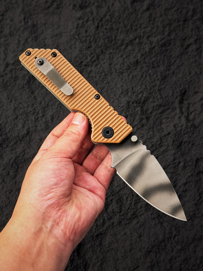 Rare Old School STRIDER KNIVES Tiger Stripe S30V Folder – Desert Tan G10 – BOS Flame Mark