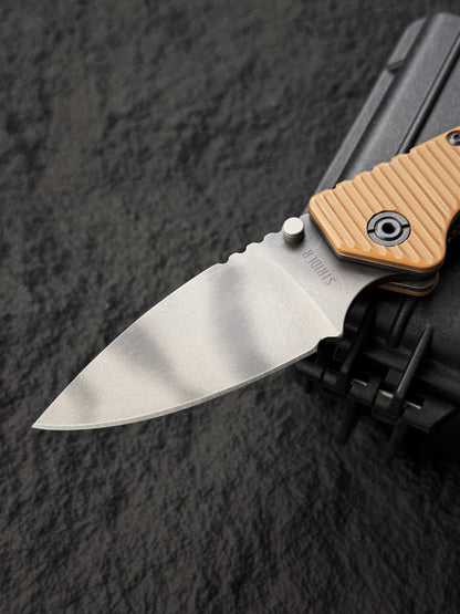 Rare Old School STRIDER KNIVES Tiger Stripe S30V Folder – Desert Tan G10 – BOS Flame Mark