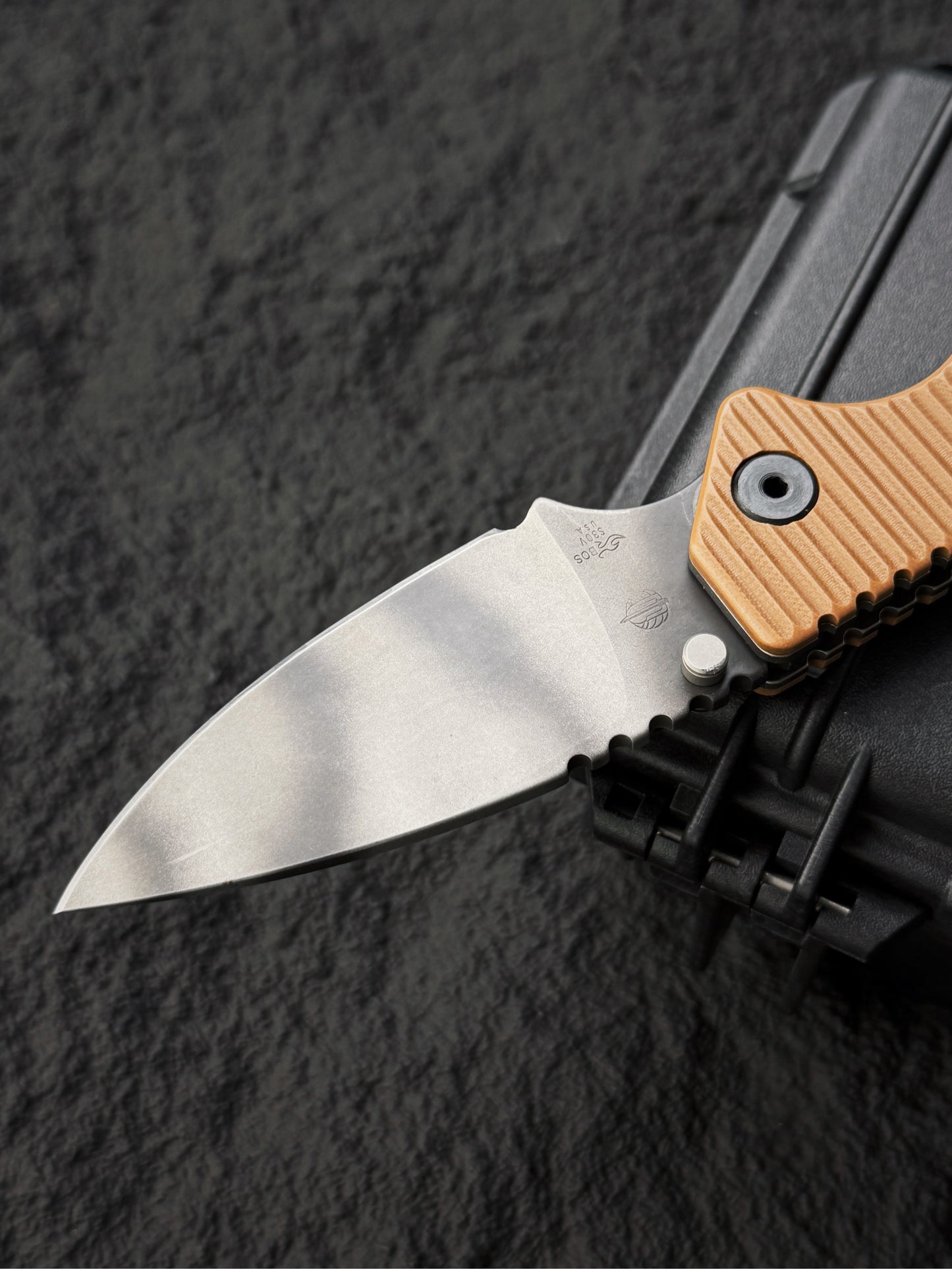 Rare Old School STRIDER KNIVES Tiger Stripe S30V Folder – Desert Tan G10 – BOS Flame Mark