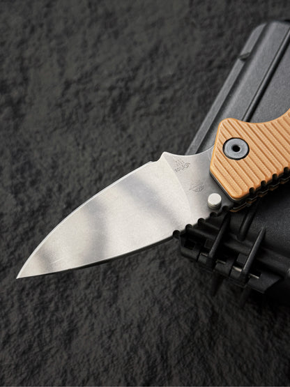 Rare Old School STRIDER KNIVES Tiger Stripe S30V Folder – Desert Tan G10 – BOS Flame Mark