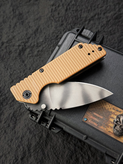 Rare Old School STRIDER KNIVES Tiger Stripe S30V Folder – Desert Tan G10 – BOS Flame Mark