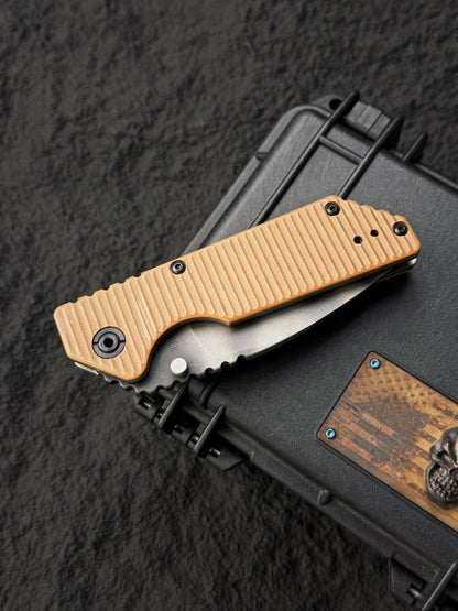 Rare Old School STRIDER KNIVES Tiger Stripe S30V Folder – Desert Tan G10 – BOS Flame Mark