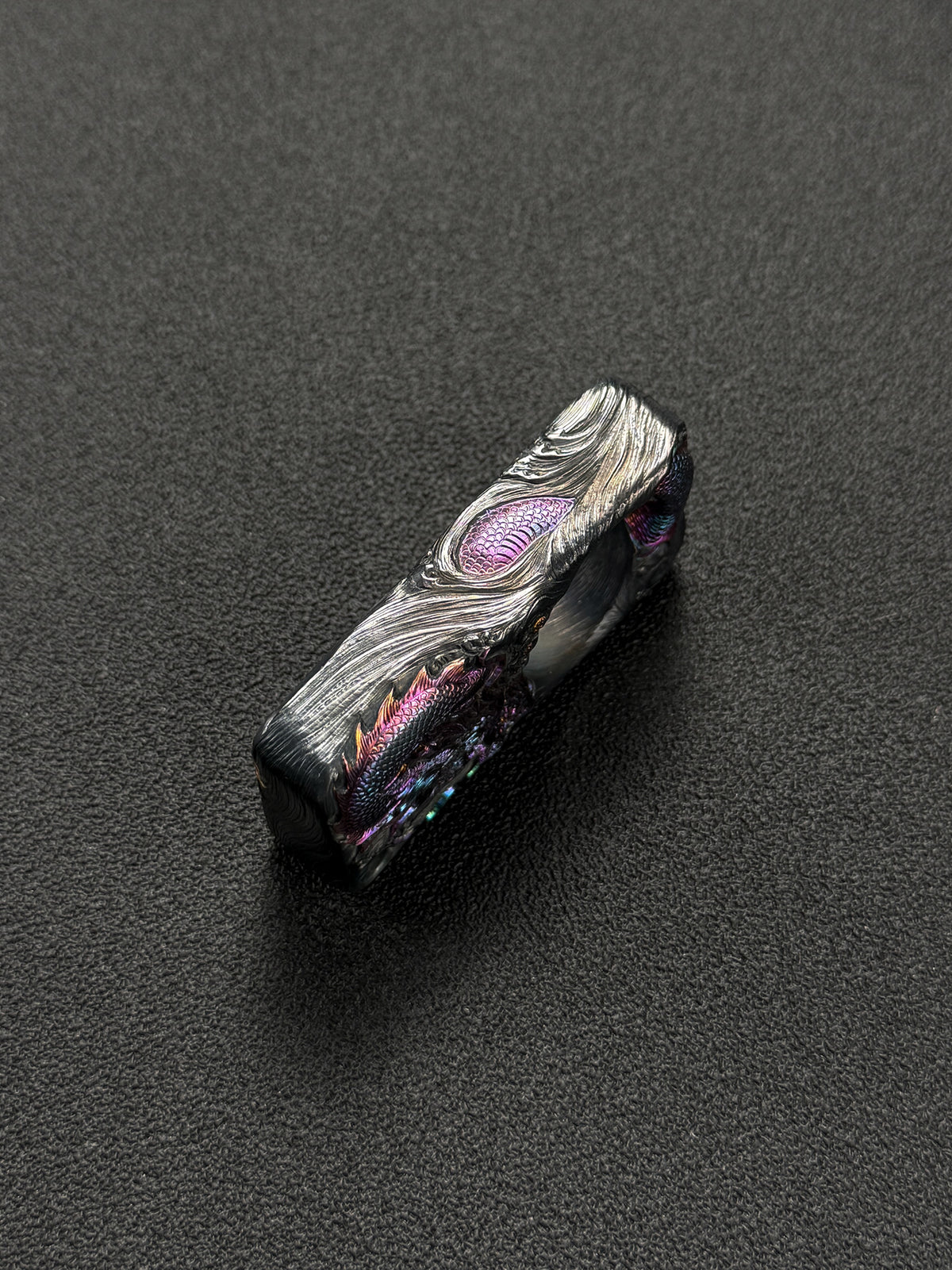 Sunizumi Custom Hand-Engraved Titanium Dragon Art Piece – Eastern Dragon Relief / Iridescent Heat-Colored Finish