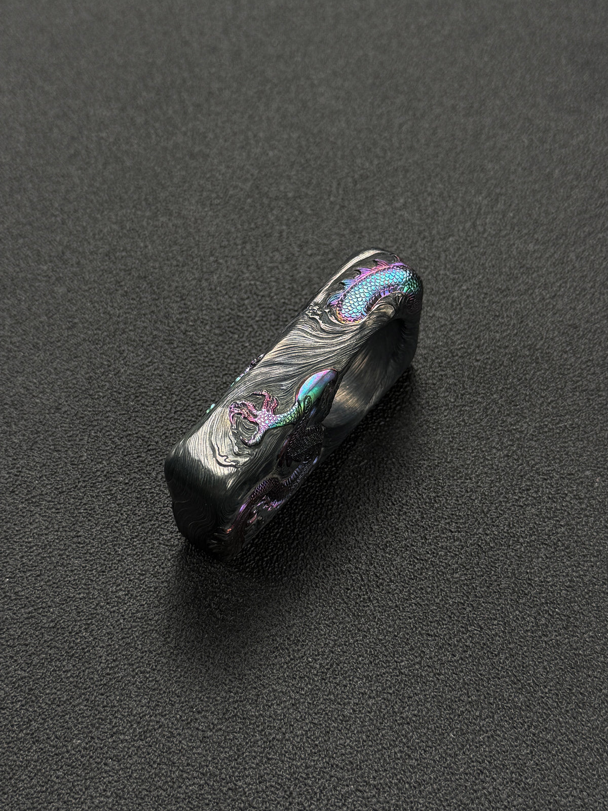 Sunizumi Custom Hand-Engraved Titanium Dragon Art Piece – Eastern Dragon Relief / Iridescent Heat-Colored Finish