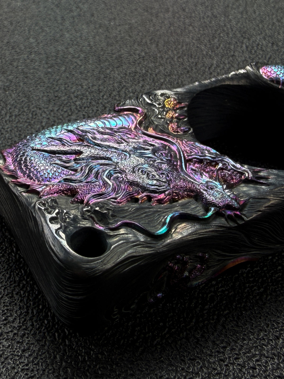 Sunizumi Custom Hand-Engraved Titanium Dragon Art Piece – Eastern Dragon Relief / Iridescent Heat-Colored Finish