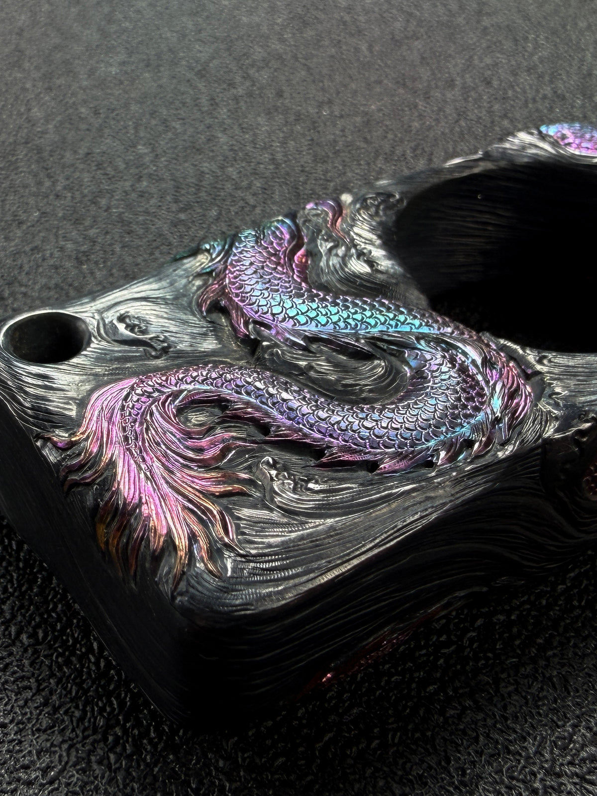 Sunizumi Custom Hand-Engraved Titanium Dragon Art Piece – Eastern Dragon Relief / Iridescent Heat-Colored Finish