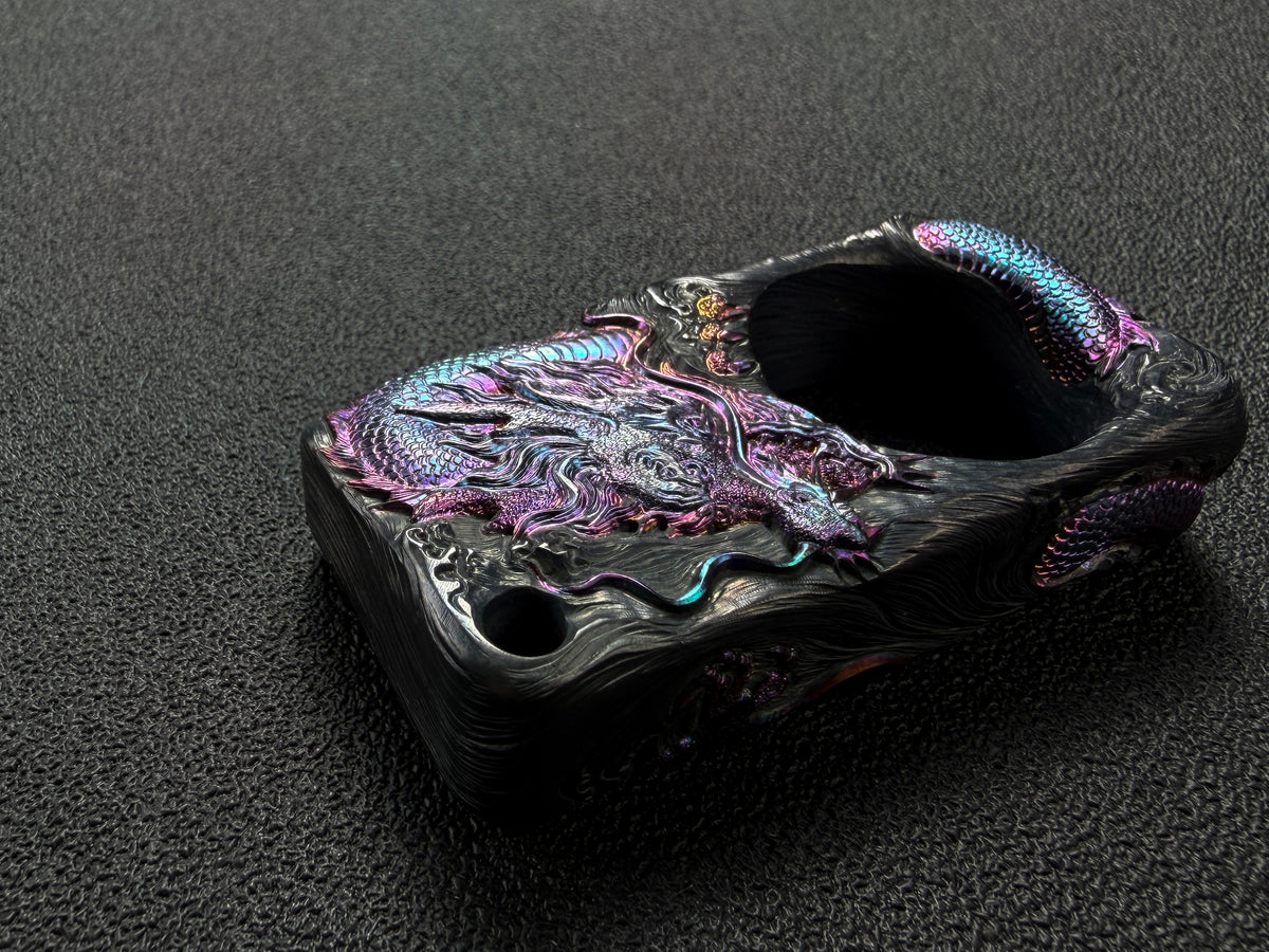 Sunizumi Custom Hand-Engraved Titanium Dragon Art Piece – Eastern Dragon Relief / Iridescent Heat-Colored Finish