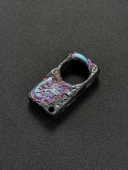 Sunizumi custom hand-engraved titanium dragon artwork featuring a coiled Eastern dragon with iridescent purple and blue scales, flowing metal textures, and a circular central opening