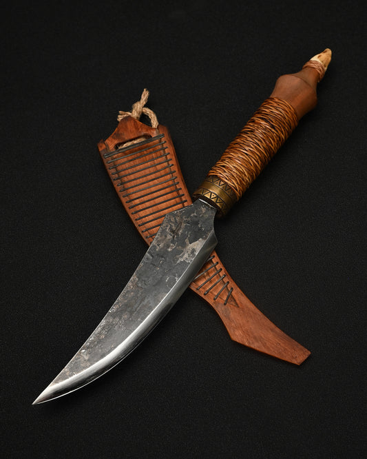 Rare TOUKI Ren Er Jian Handmade Custom Hunting Knife – Seediq-Inspired / Forged SK85 / Bronze / Hinoki Wood / Deer Antler