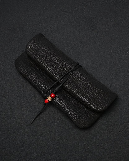Wtopia 黒色 希少レザー ハンドメイド ヴィンテージ EDC ポーチ｜ブロンズ杏花 × ブラック鹿革コード