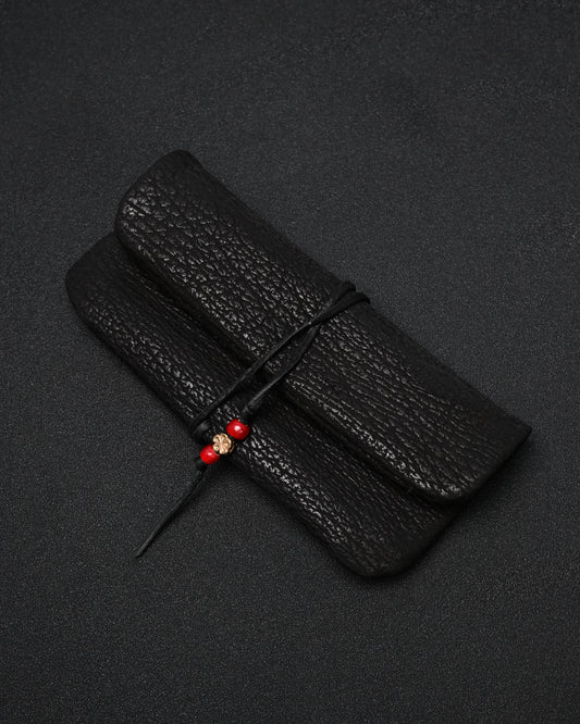 Wtopia Handmade Black Rare Leather Vintage EDC Pouch – Bronze Floral Detail & Black Deerskin Cord