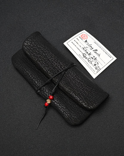 Wtopia 黒色 希少レザー ハンドメイド ヴィンテージ EDC ポーチ｜ブロンズ杏花 × ブラック鹿革コード