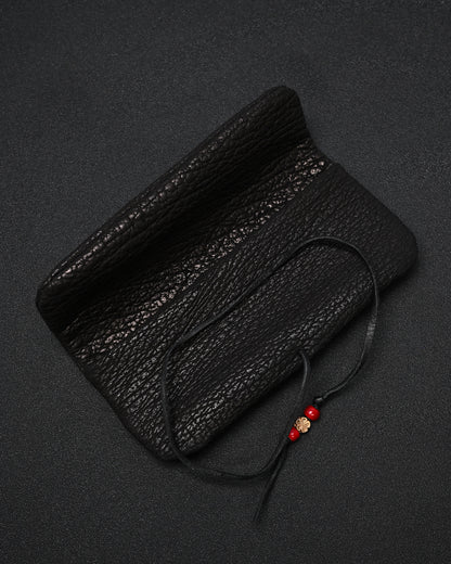 Wtopia 黒色 希少レザー ハンドメイド ヴィンテージ EDC ポーチ｜ブロンズ杏花 × ブラック鹿革コード
