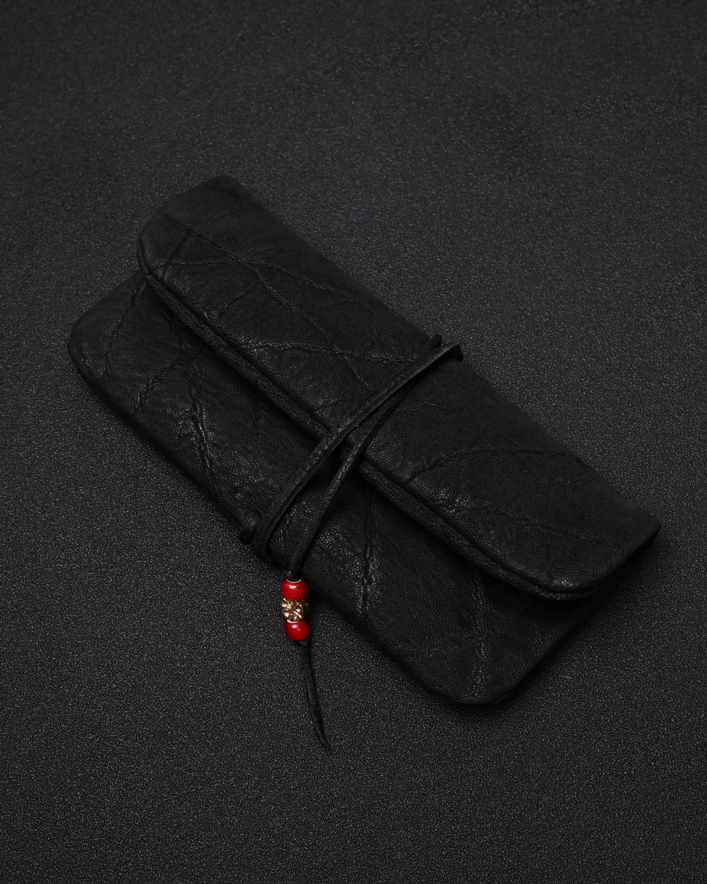 Wtopia Handmade Black Rare Leather Vintage EDC Pouch – Bronze Floral Detail & Black Deerskin Cord
