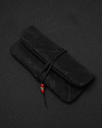 Wtopia Handmade Black Rare Leather Vintage EDC Pouch – Bronze Floral Detail & Black Deerskin Cord