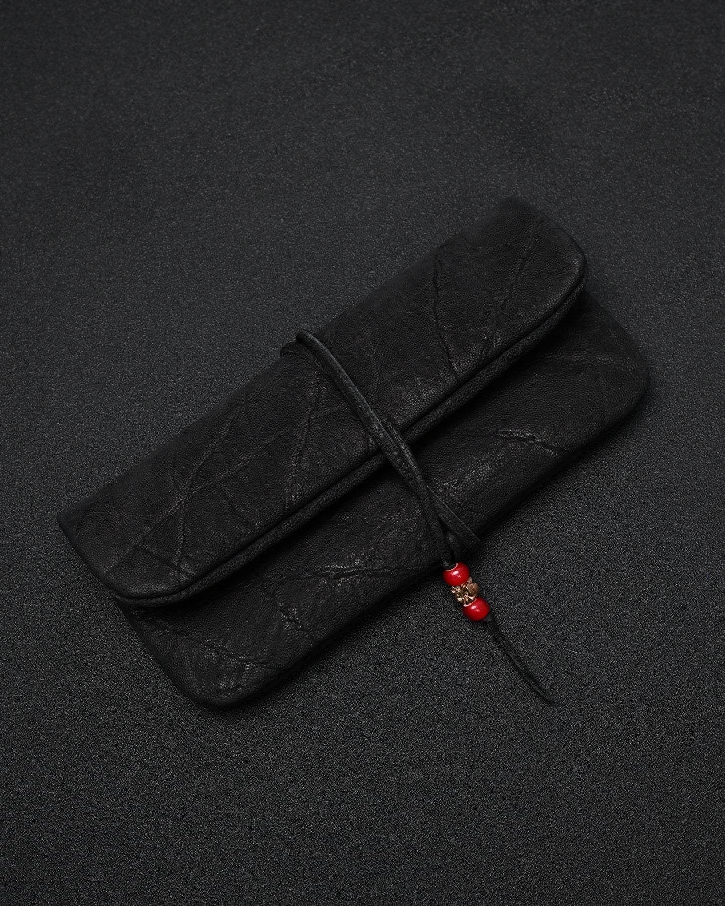 Wtopia Handmade Black Rare Leather Vintage EDC Pouch – Bronze Floral Detail & Black Deerskin Cord
