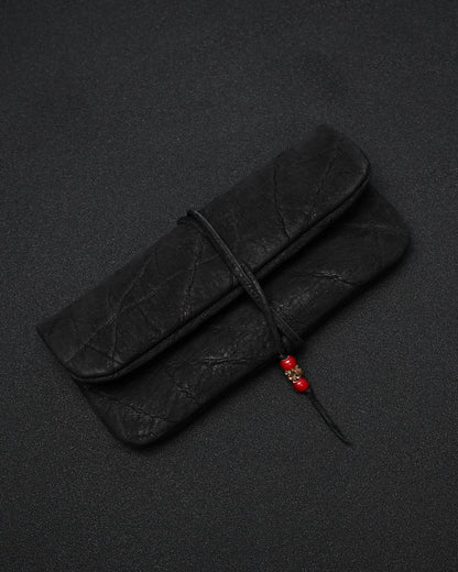 Wtopia Handmade Black Rare Leather Vintage EDC Pouch – Bronze Floral Detail & Black Deerskin Cord