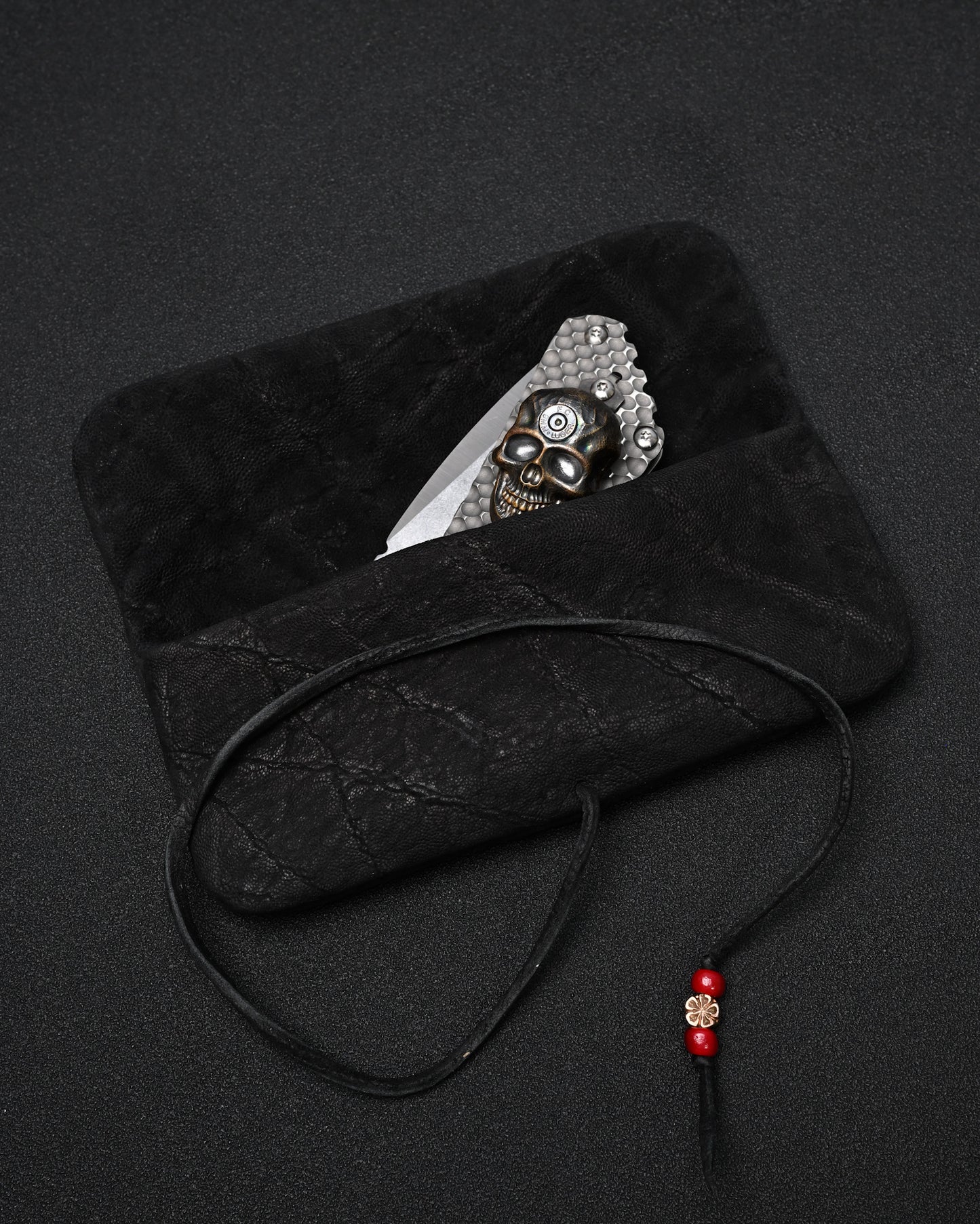 Wtopia Handmade Black Rare Leather Vintage EDC Pouch – Bronze Floral Detail & Black Deerskin Cord