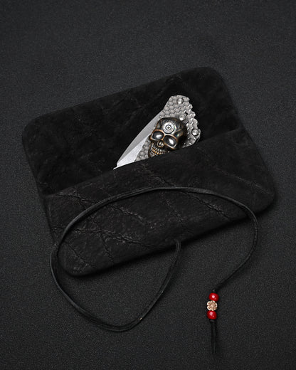 Wtopia Handmade Black Rare Leather Vintage EDC Pouch – Bronze Floral Detail & Black Deerskin Cord