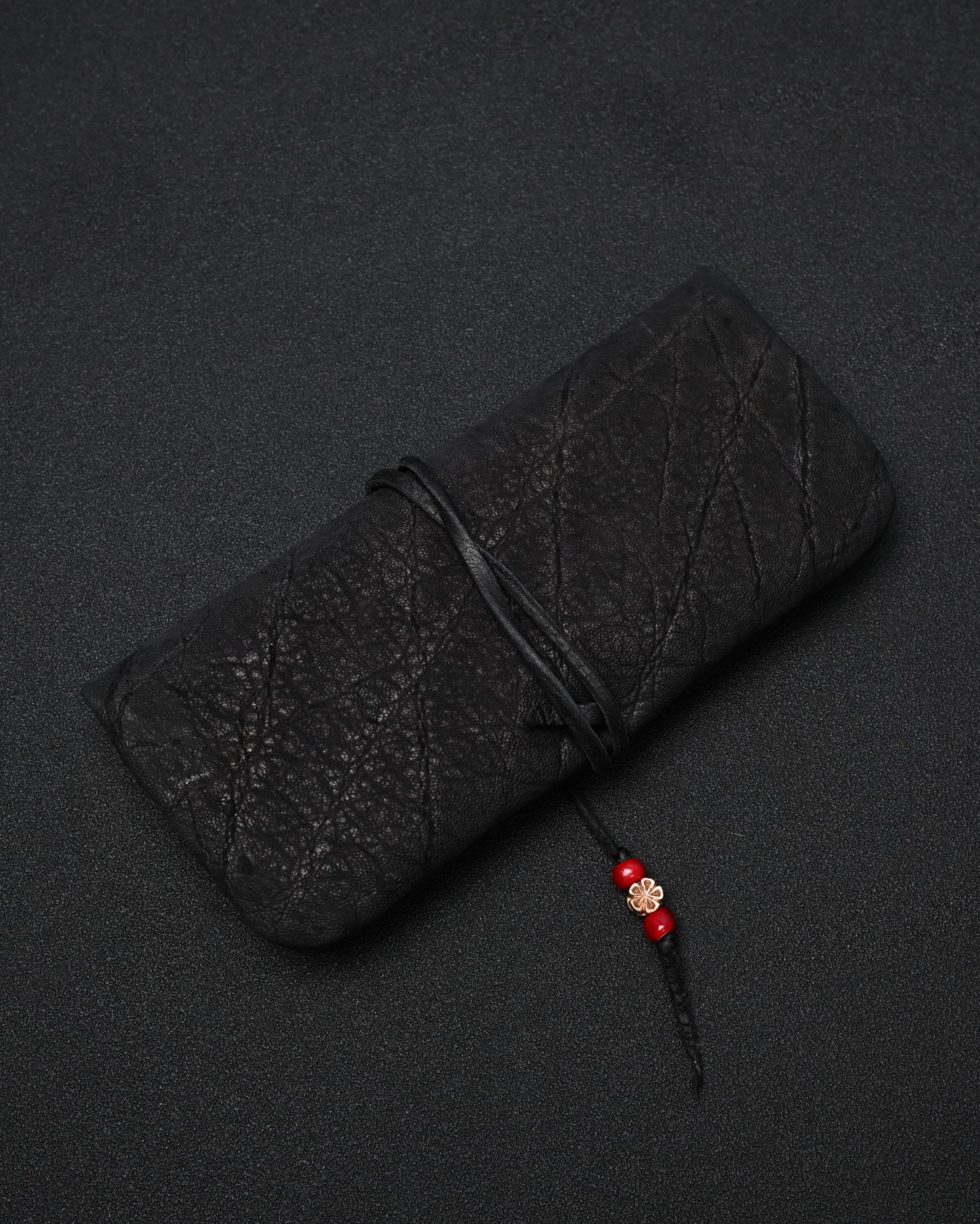 Wtopia Handmade Black Rare Leather Vintage EDC Pouch – Bronze Floral Detail & Black Deerskin Cord