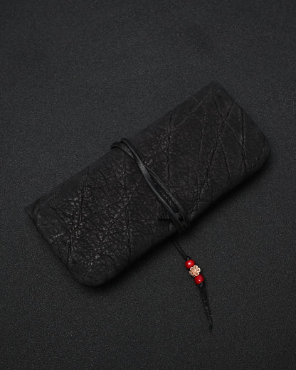 Wtopia Handmade Black Rare Leather Vintage EDC Pouch – Bronze Floral Detail & Black Deerskin Cord