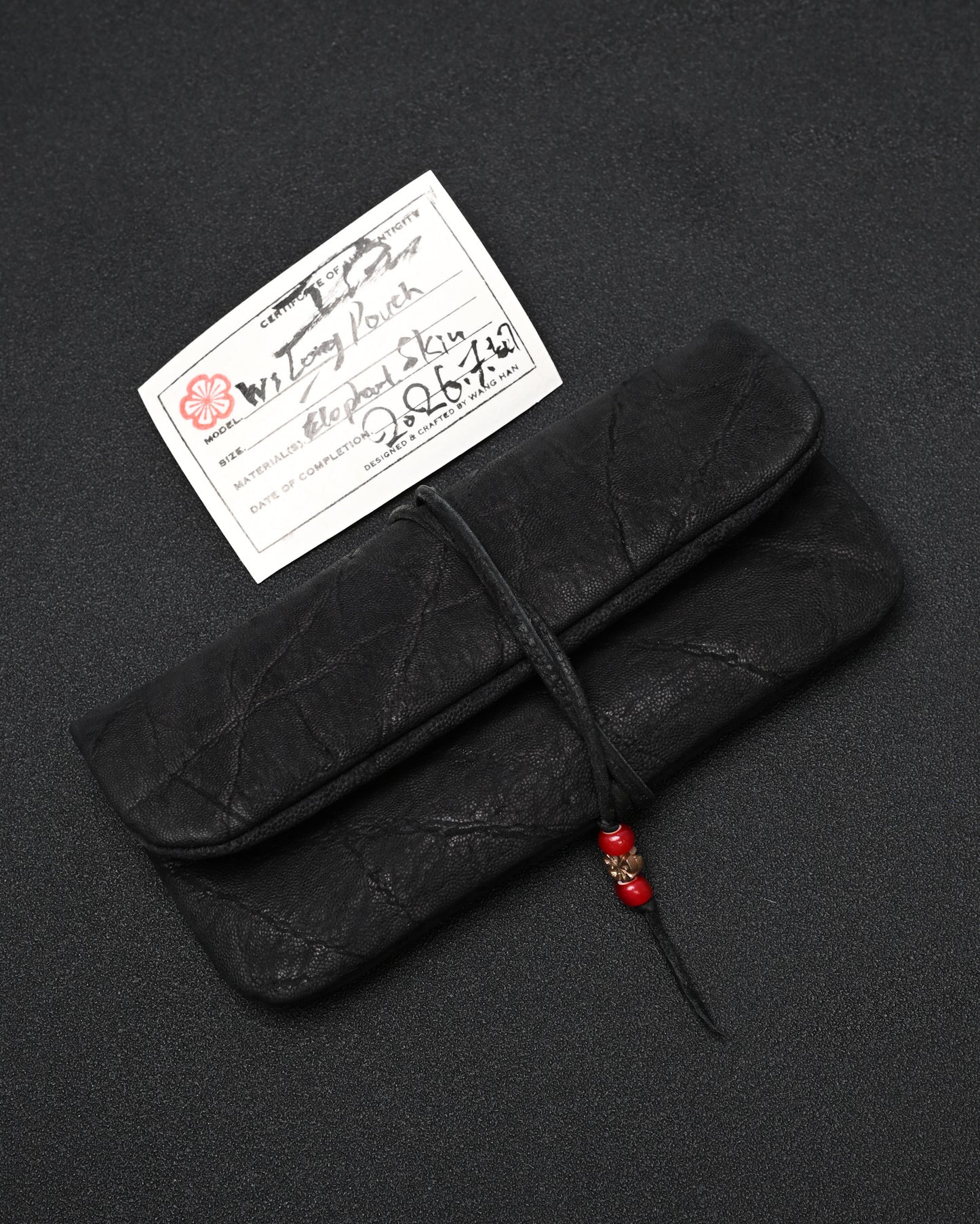 Wtopia Handmade Black Rare Leather Vintage EDC Pouch – Bronze Floral Detail & Black Deerskin Cord