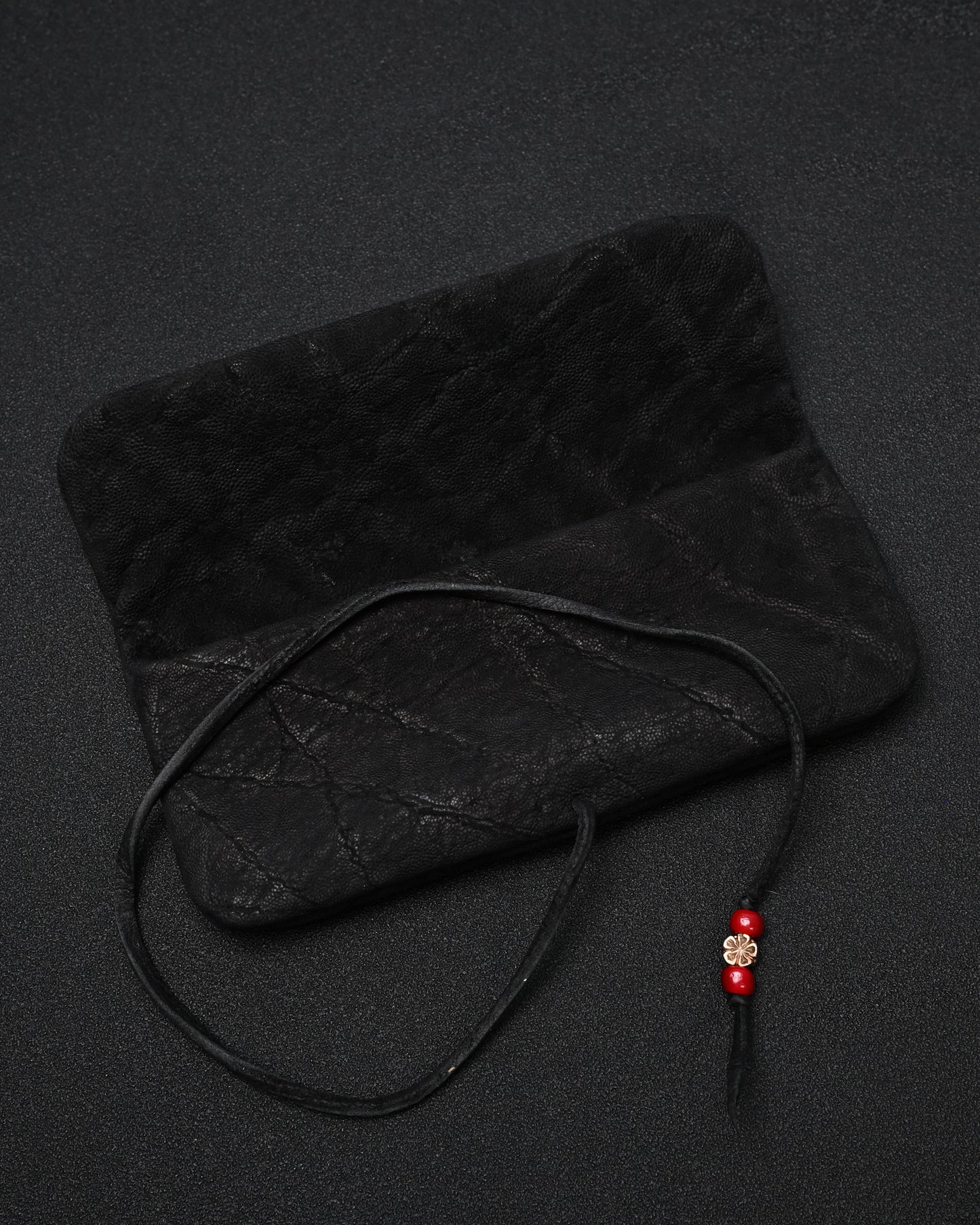 Wtopia Handmade Black Rare Leather Vintage EDC Pouch – Bronze Floral Detail & Black Deerskin Cord