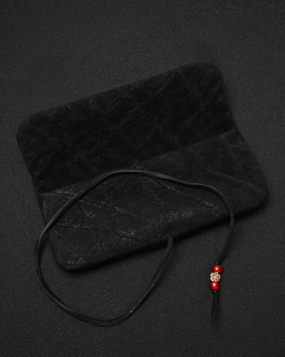 Wtopia Handmade Black Rare Leather Vintage EDC Pouch – Bronze Floral Detail & Black Deerskin Cord