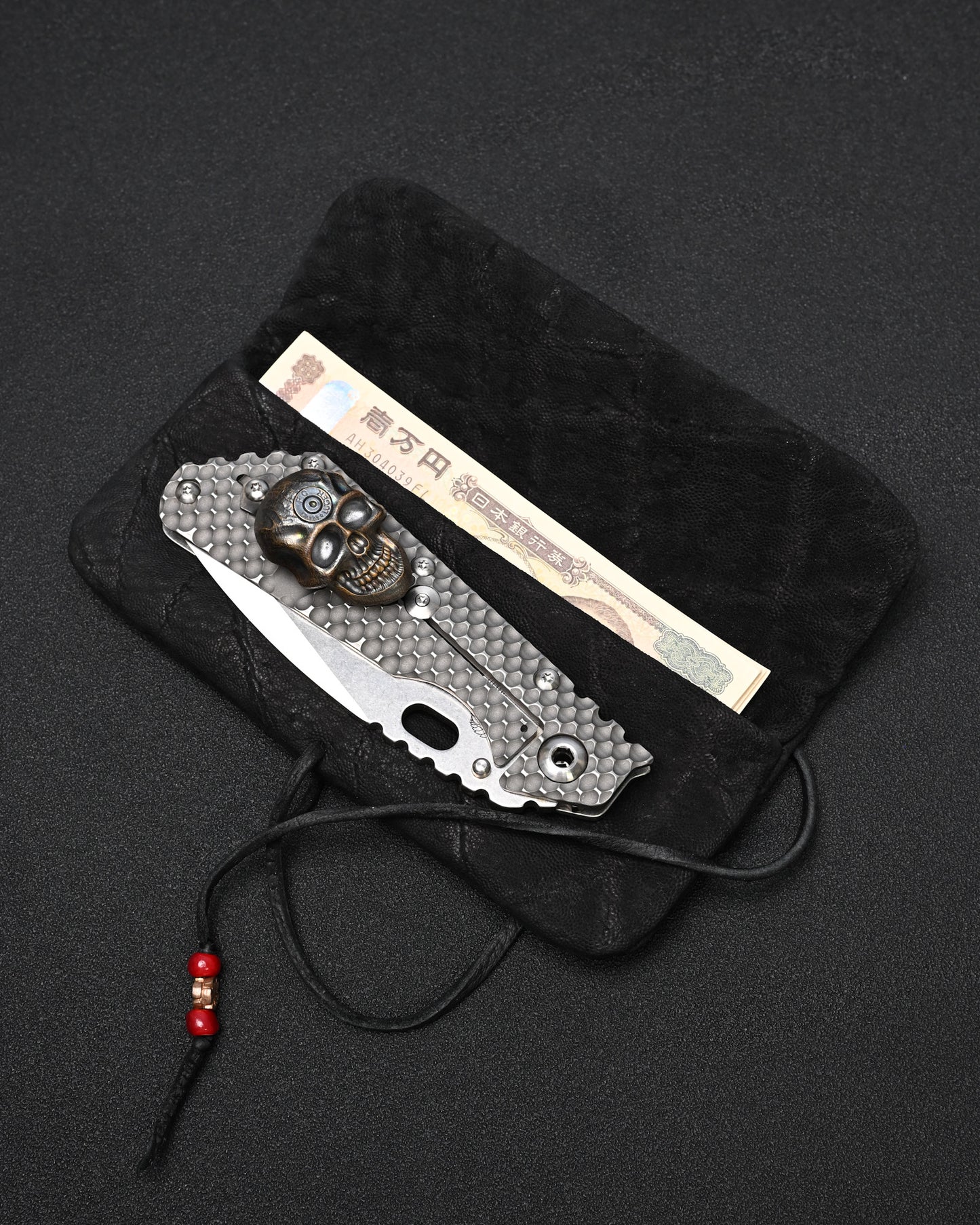 Wtopia Handmade Black Rare Leather Vintage EDC Pouch – Bronze Floral Detail & Black Deerskin Cord