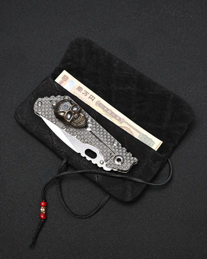Wtopia Handmade Black Rare Leather Vintage EDC Pouch – Bronze Floral Detail & Black Deerskin Cord