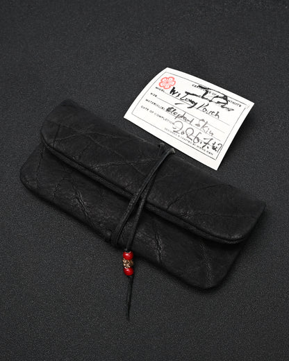 Wtopia Handmade Black Rare Leather Vintage EDC Pouch – Bronze Floral Detail & Black Deerskin Cord