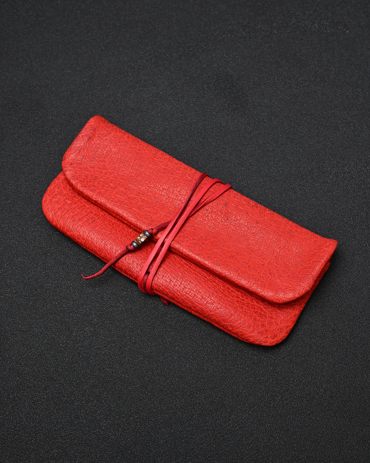 Wtopia Handmade Red Rare Leather Vintage EDC Pouch – Bronze Floral Detail & Red Deerskin Cord