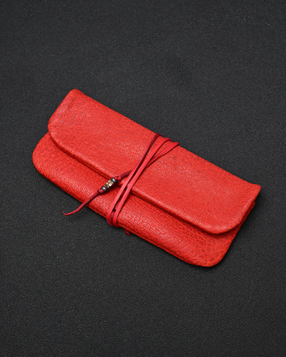 Wtopia Handmade Red Rare Leather Vintage EDC Pouch – Bronze Floral Detail & Red Deerskin Cord