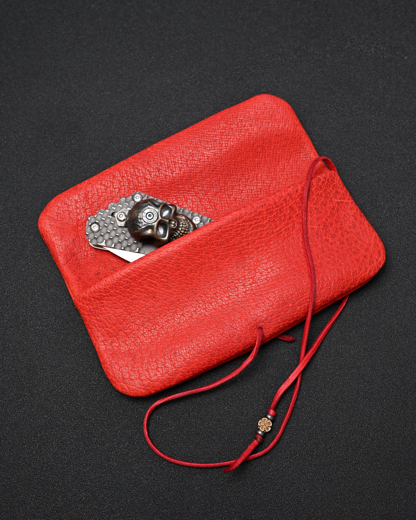 Wtopia Handmade Red Rare Leather Vintage EDC Pouch – Bronze Floral Detail & Red Deerskin Cord
