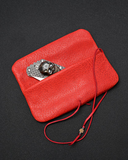 Wtopia Handmade Red Rare Leather Vintage EDC Pouch – Bronze Floral Detail & Red Deerskin Cord