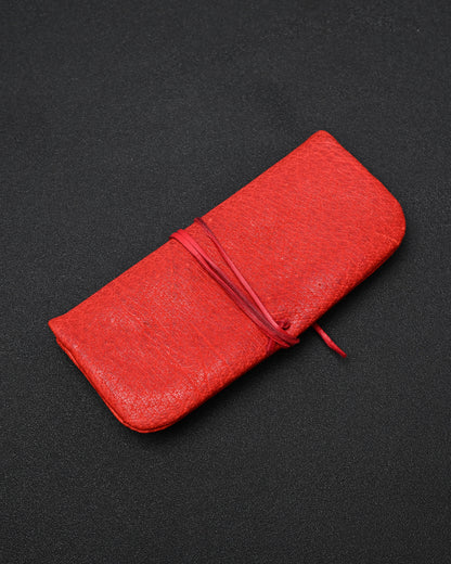 Wtopia Handmade Red Rare Leather Vintage EDC Pouch – Bronze Floral Detail & Red Deerskin Cord