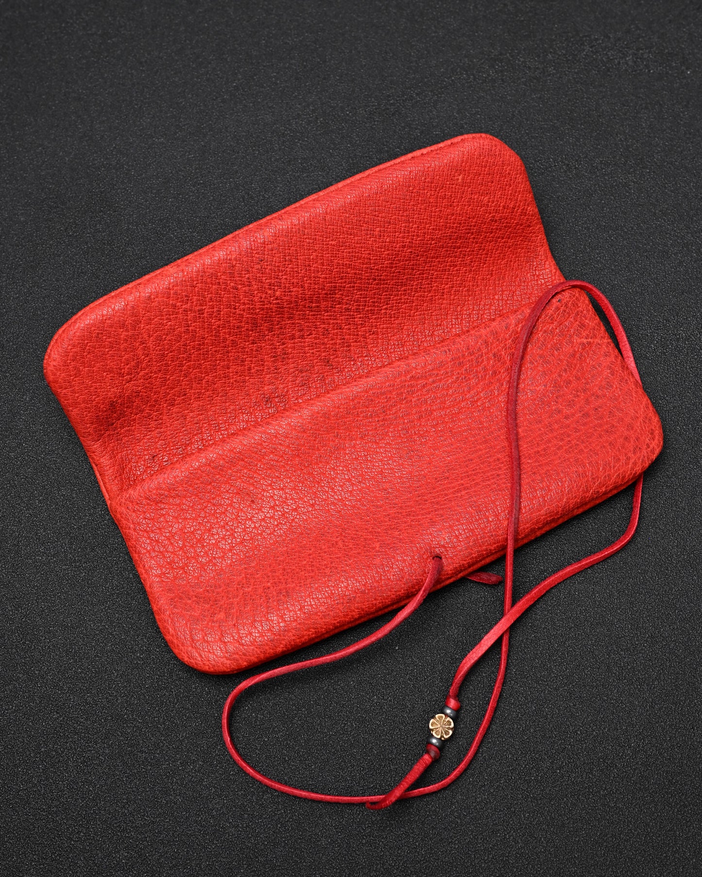 Wtopia Handmade Red Rare Leather Vintage EDC Pouch – Bronze Floral Detail & Red Deerskin Cord
