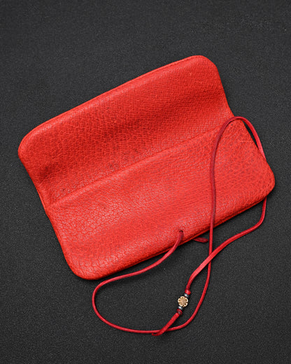 Wtopia Handmade Red Rare Leather Vintage EDC Pouch – Bronze Floral Detail & Red Deerskin Cord