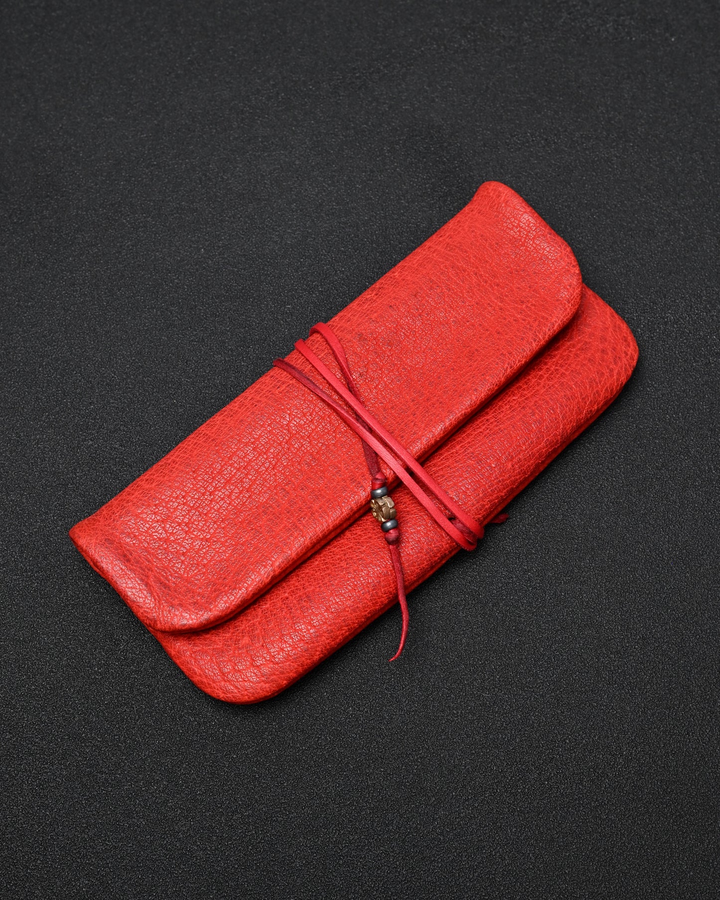 Wtopia Handmade Red Rare Leather Vintage EDC Pouch – Bronze Floral Detail & Red Deerskin Cord