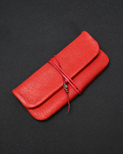 Wtopia Handmade Red Rare Leather Vintage EDC Pouch – Bronze Floral Detail & Red Deerskin Cord