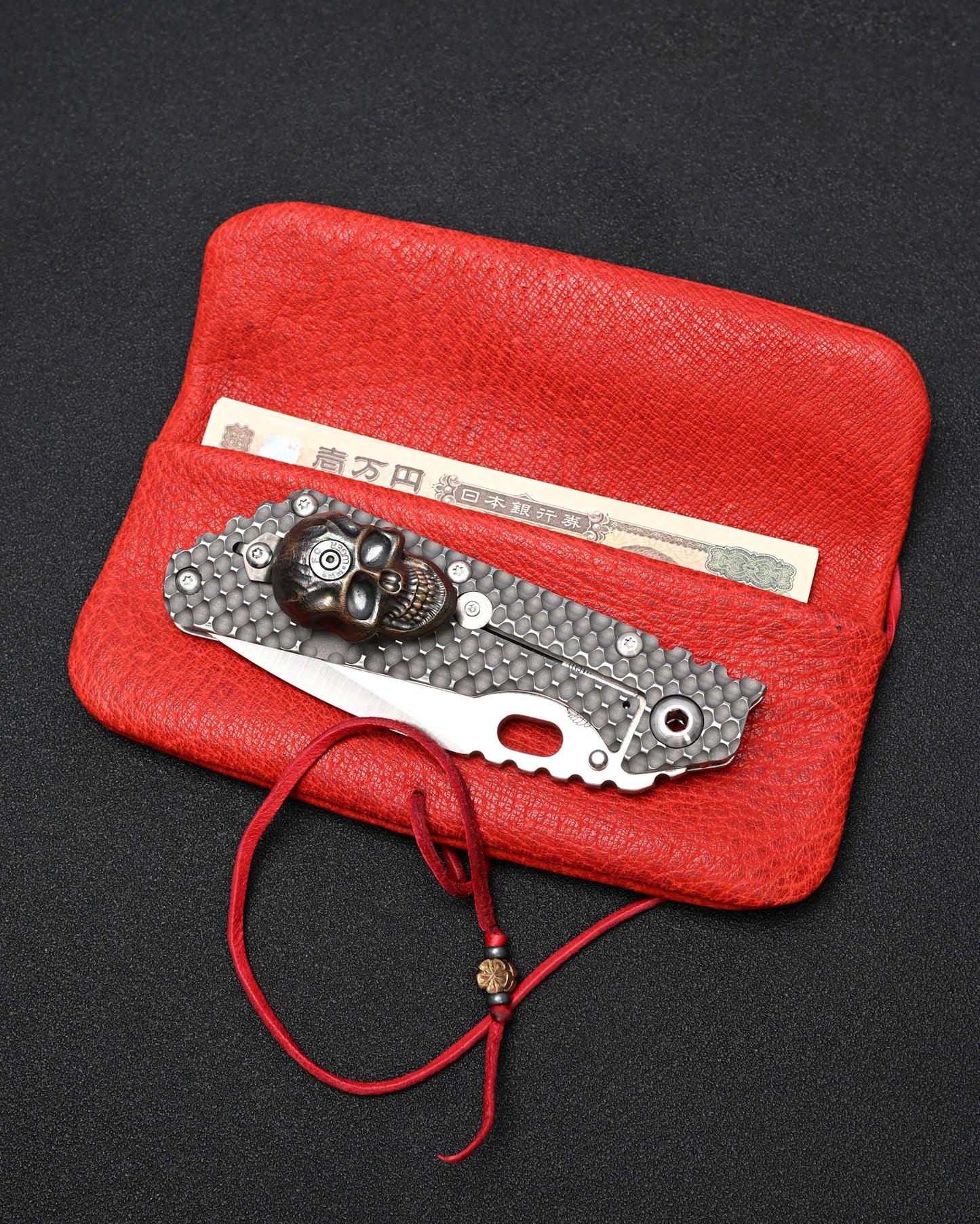 Wtopia Handmade Red Rare Leather Vintage EDC Pouch – Bronze Floral Detail & Red Deerskin Cord
