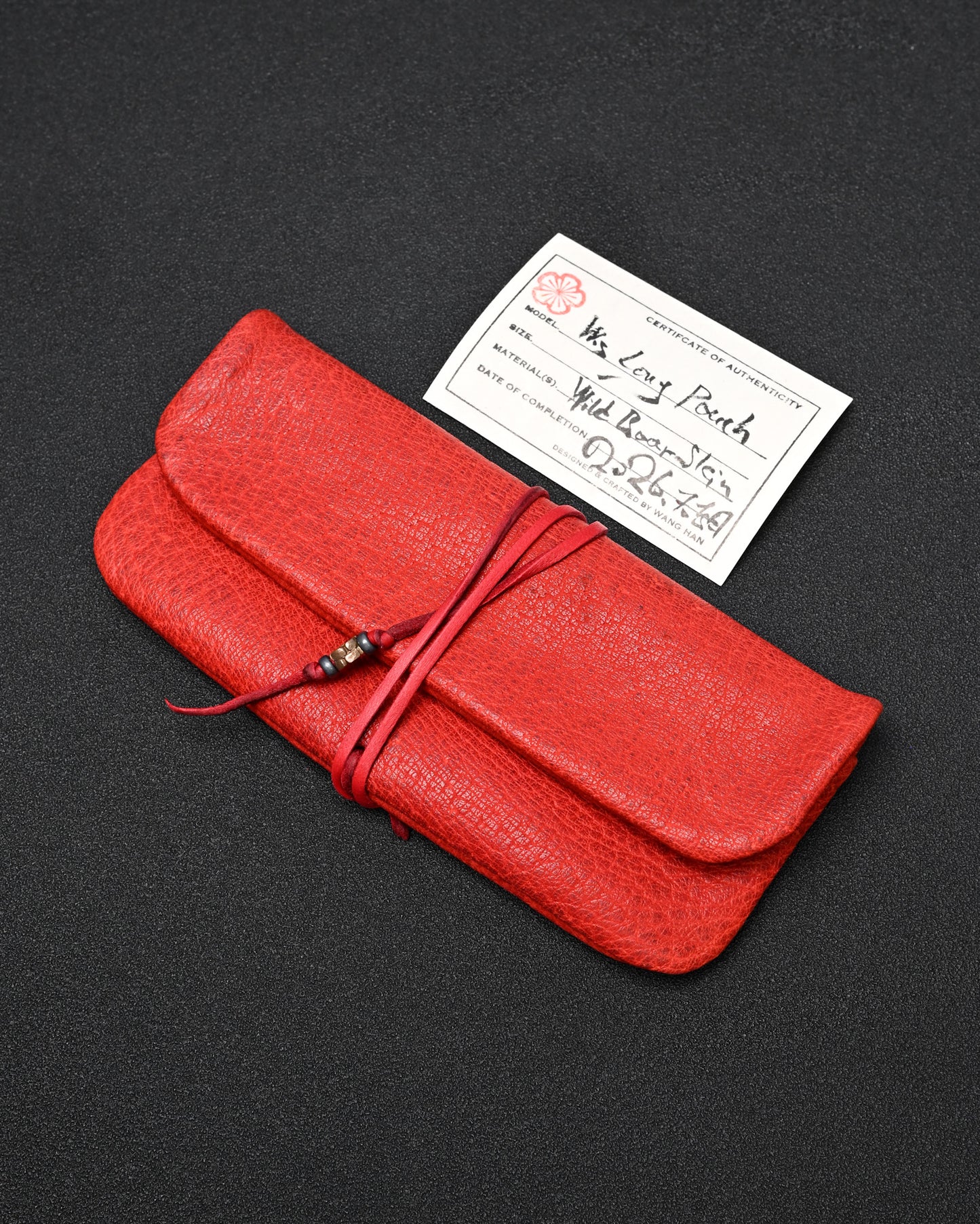 Wtopia Handmade Red Rare Leather Vintage EDC Pouch – Bronze Floral Detail & Red Deerskin Cord