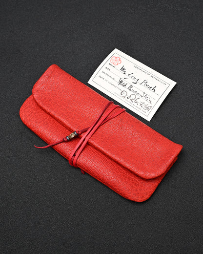 Wtopia Handmade Red Rare Leather Vintage EDC Pouch – Bronze Floral Detail & Red Deerskin Cord