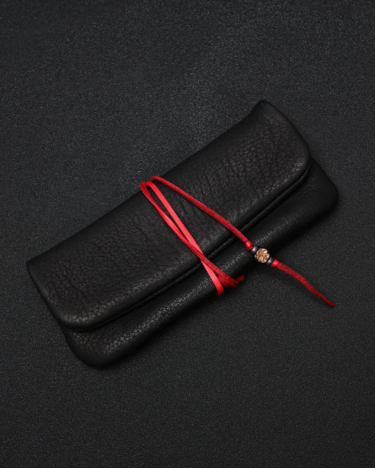 Wtopia Handmade Soft Deerskin Vintage EDC Pouch – Bronze Floral Detail & Red Leather Cord