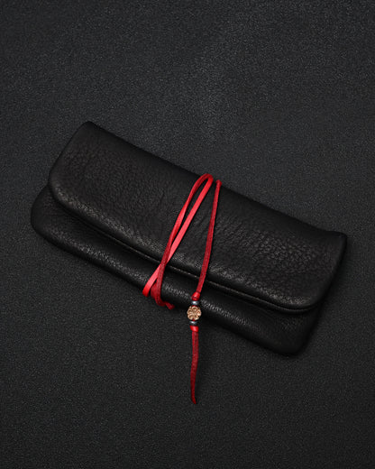 Wtopia 柔らか鹿革 ハンドメイド ヴィンテージ EDC ポーチ｜ブロンズ杏花 × 赤い鹿革コード